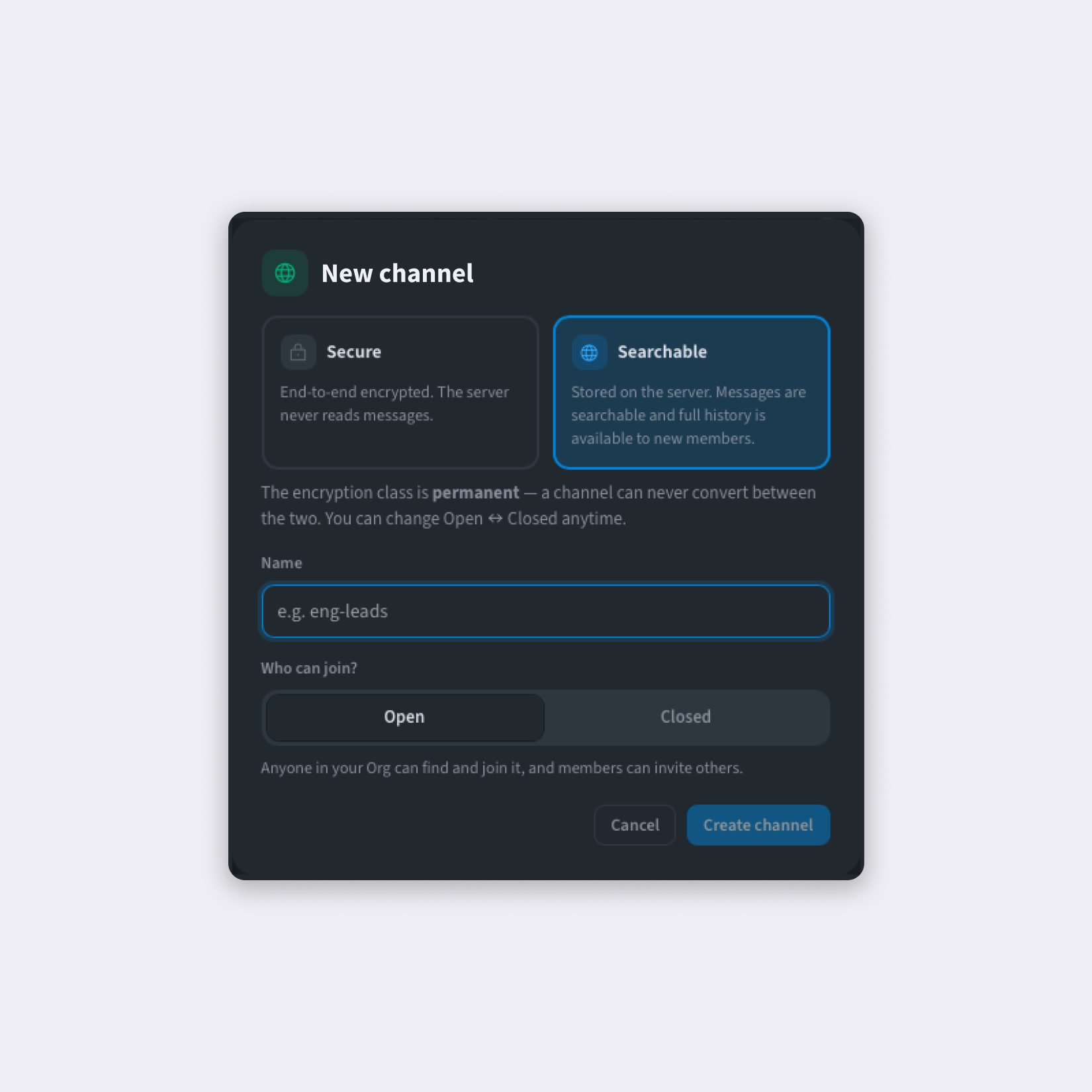 Sable new channel modal